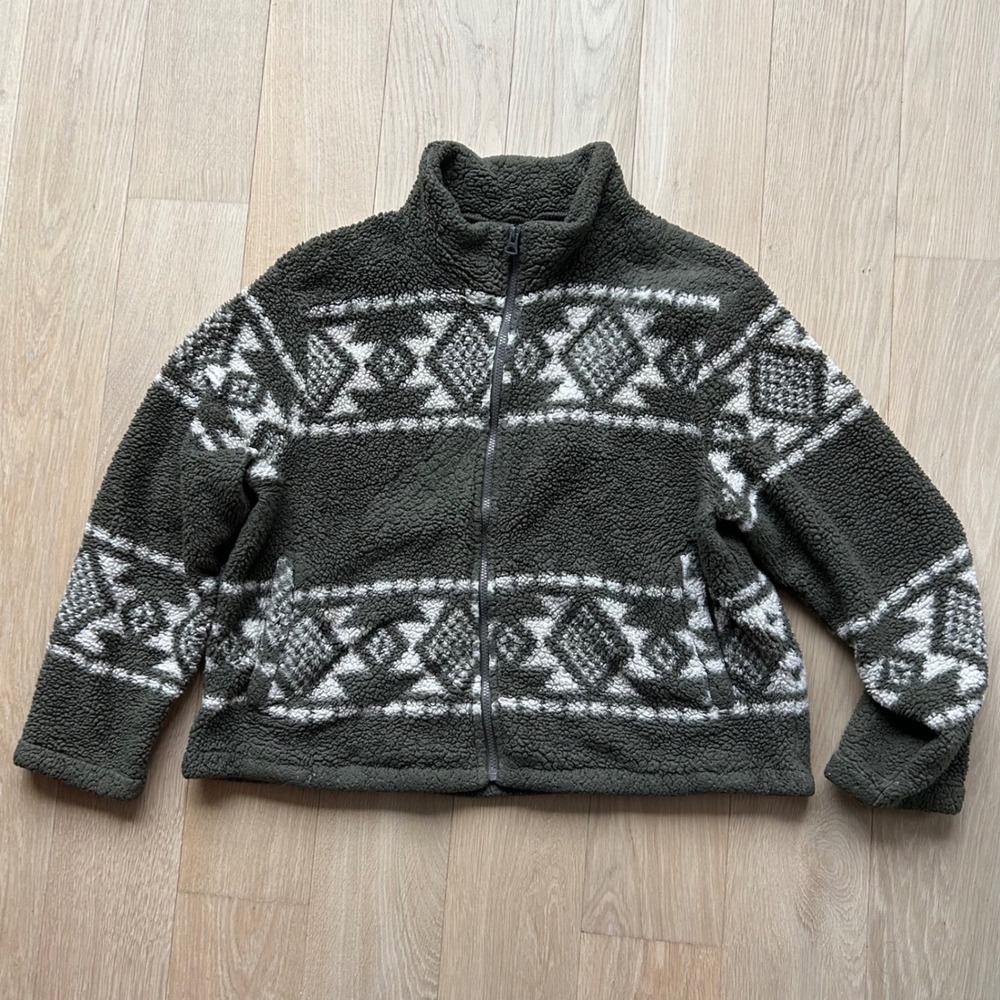 Lucky Brand Sherpa Fleece Jacket Womens XL Olive Green Geometric Fair Isle Aztec